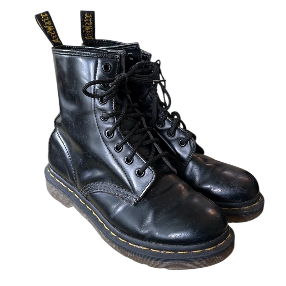 Dr. Martens Original Black Shiny Smooth Leather Combat Ankle Boots - 7